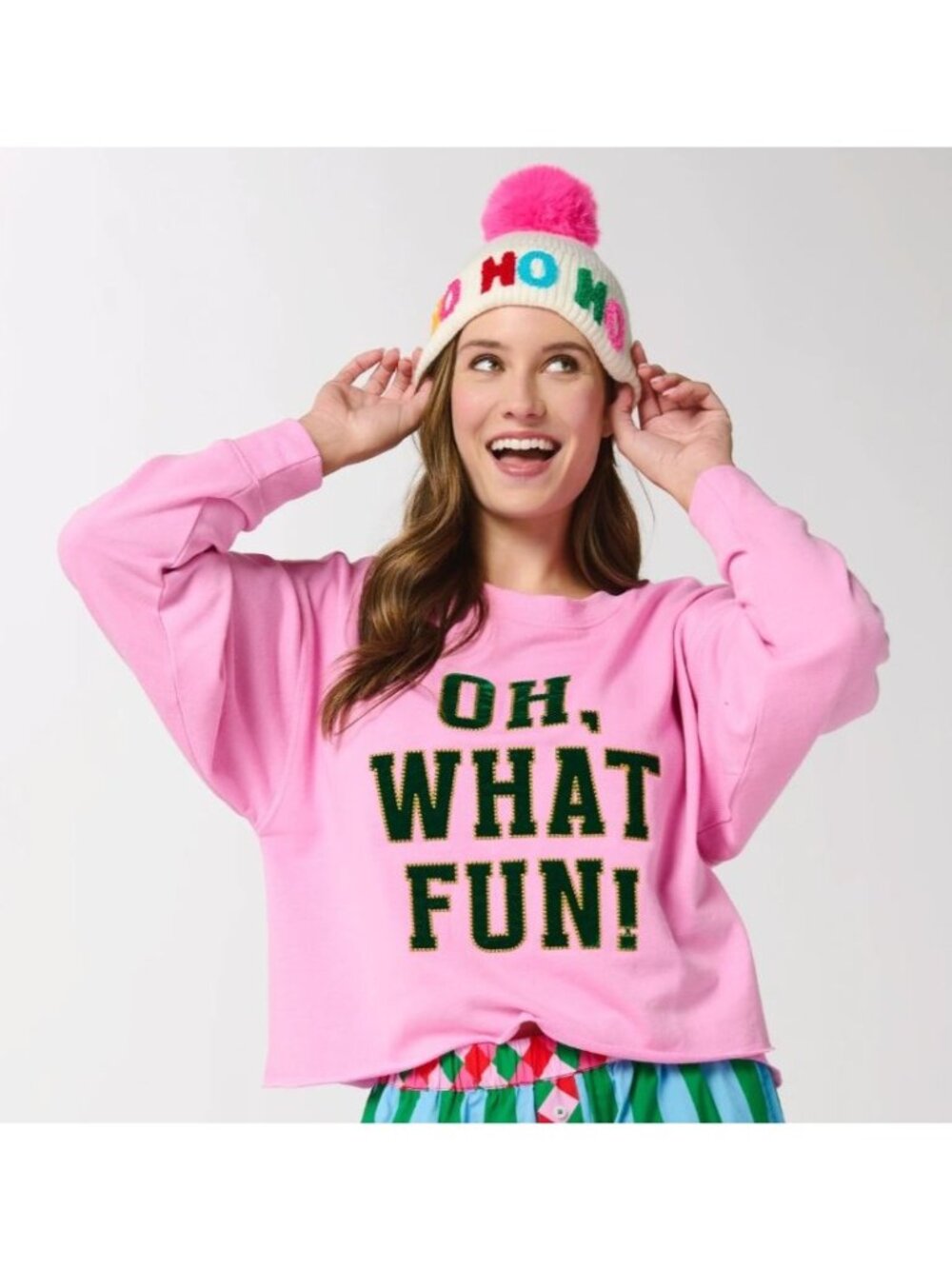 Shiraleah Oh What Fun Pink Holiday Sweatshirt Graphic Studded XL NWT